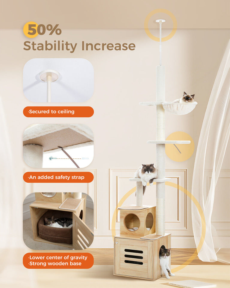 High Ceiling Cat Tree Tower with Cat Litter Box Enclosure