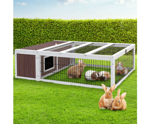 Large Wooden Chicken Coop & Rabbit Hutch - Brown and White