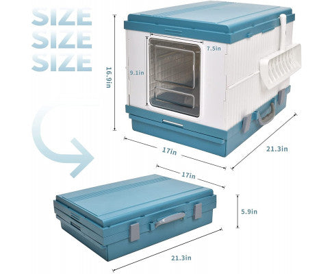 XL Foldable Cat Litter Box with Handle and Scoop - Blue
