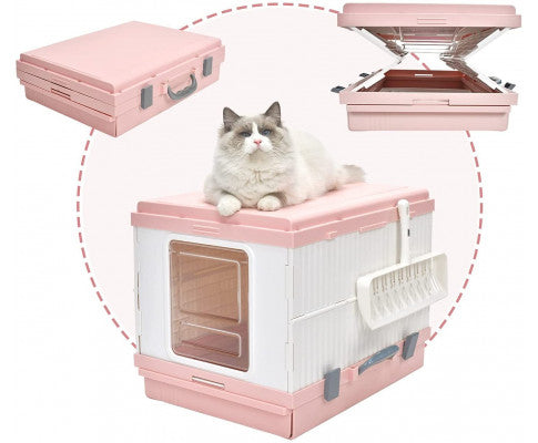 XL Foldable Cat Litter Box with Handle and Scoop - Pink