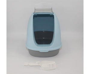 Portable Hooded Cat Litter Box with Handle and Scoop - Blue