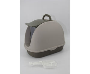 Portable Hooded Cat Litter Box with Handle and Scoop - Brown