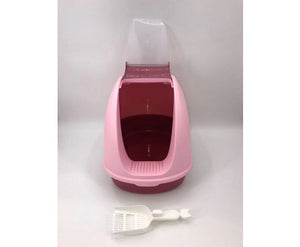 Portable Hooded Cat Litter Box with Handle and Scoop - Pink