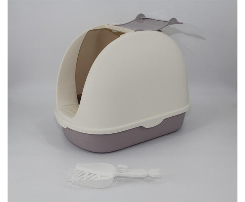 Portable Hooded Cat Litter Box with Handle and Scoop - White