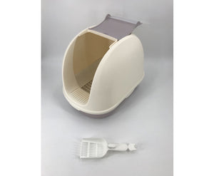 Portable Hooded Cat Litter Box with Handle and Scoop - White