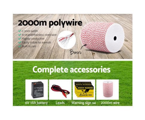 Pet Care 8KM Solar Electric Fence Energiser Energizer 0.3J + 2000M Poly Fencing Wire Tape