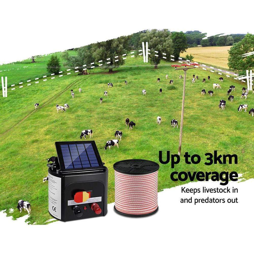 Pet Care Giantz 3km Solar Electric Fence Energiser Charger with 400M Tape and 25pcs Insulators
