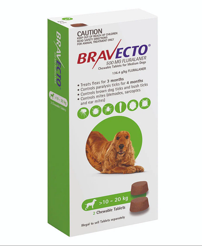 Bravecto Flea & Tick Control Chew - Green Pack for Dogs 10-20kg Single Chew