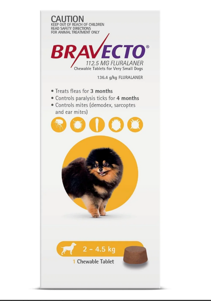 Bravecto Flea & Tick Control Chew - Yellow Pack for Very Small Dogs 2-4.5kg - Single Chew