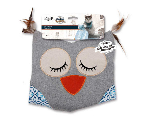 Cat Sack Crinkle Toys - Grey Owl + Hide Play Bag Teaser Vintage All For Paws