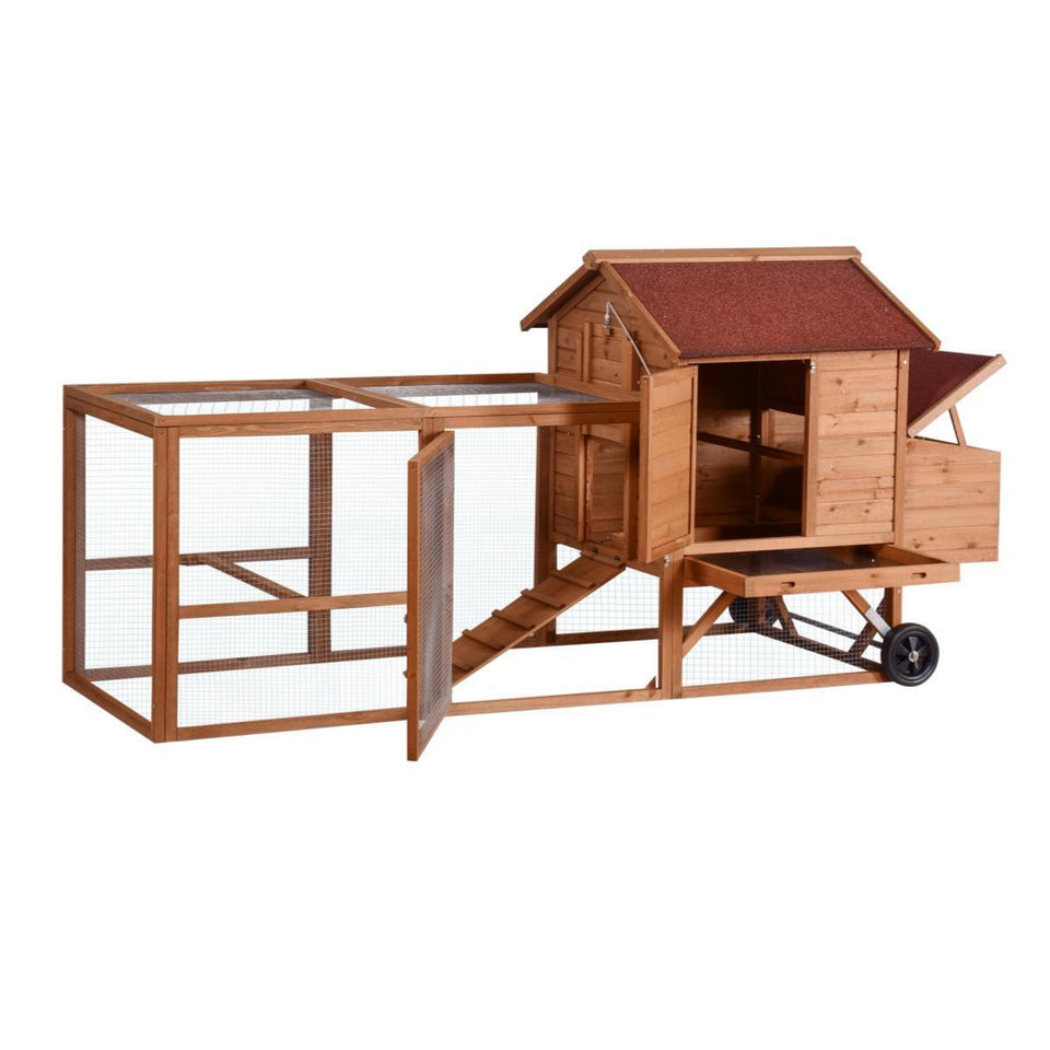 248cm Chicken Coop & Rabbit Hutch With Wheels - Red Roof