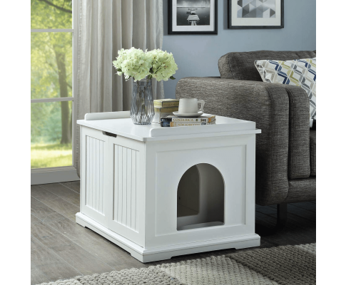 Wooden Cat Litter Box, Cat House and Storage Cabinet - White