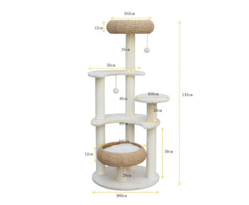 143cm Multilevel Cat Scratching Tree with Wicker Beds