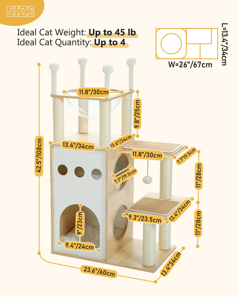 108cm Wooden Cat Tree Tower with Scratching Post