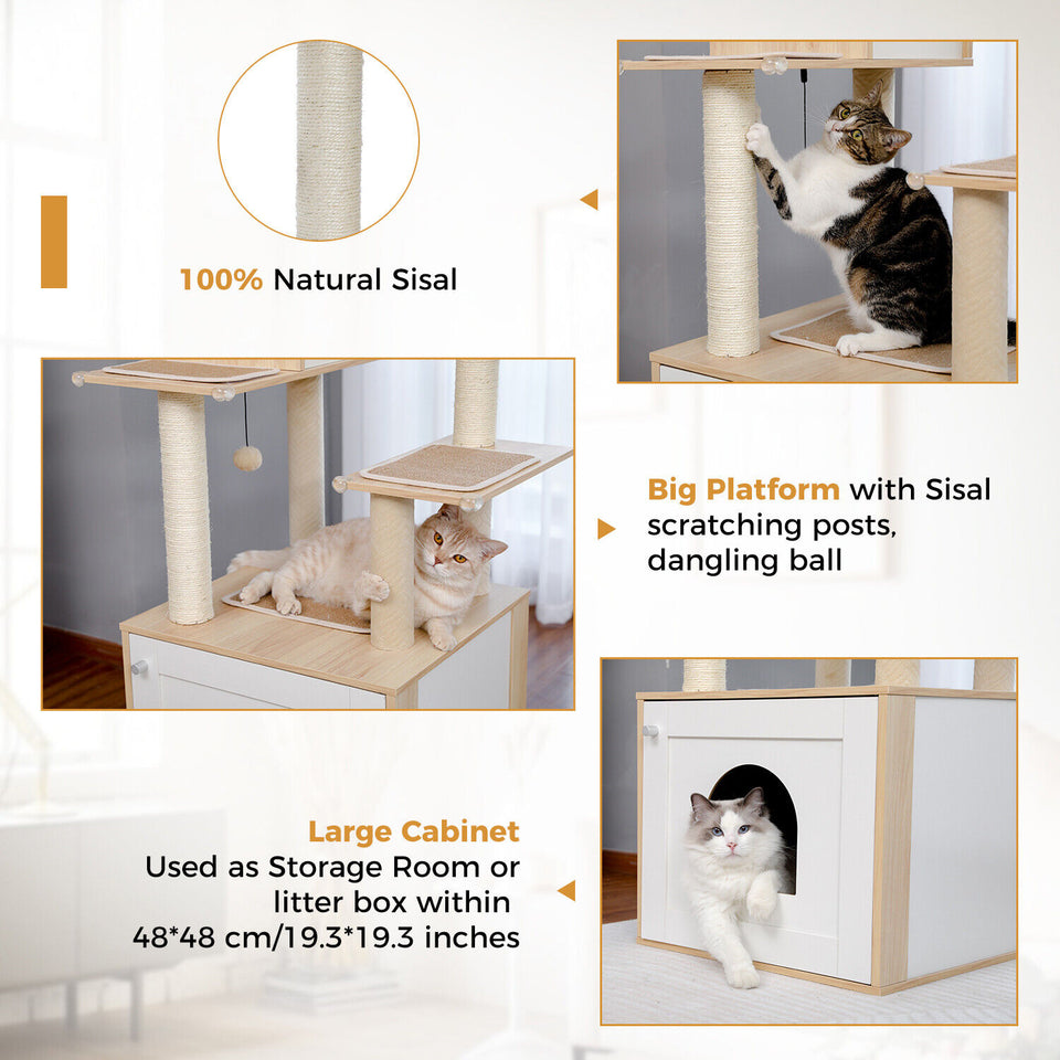 144cm Cat Scratching Post Litter Box Bed