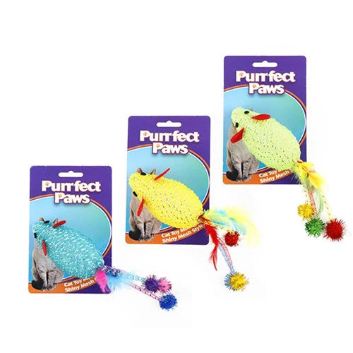 Cat Toy Mouse Shiny Mesh Style - 3 Assorted Colors
