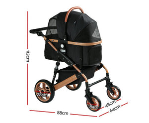 Large 4 Wheels Foldable Dog & Cat Stroller Pram - Rose Gold & Black