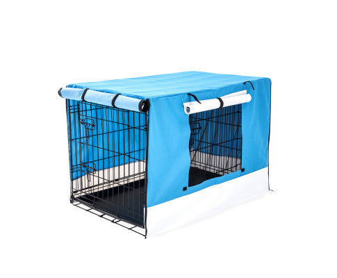 24 Inch Foldable Dog Crate with Tray + Blue Cover