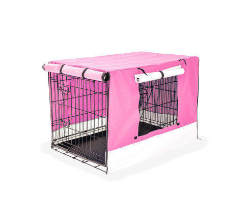 24 Inch Foldable Dog Crate with Tray + Pink Cover