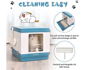 XL Foldable Cat Litter Box with Handle and Scoop - Blue