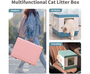 XL Foldable Cat Litter Box with Handle and Scoop - Blue