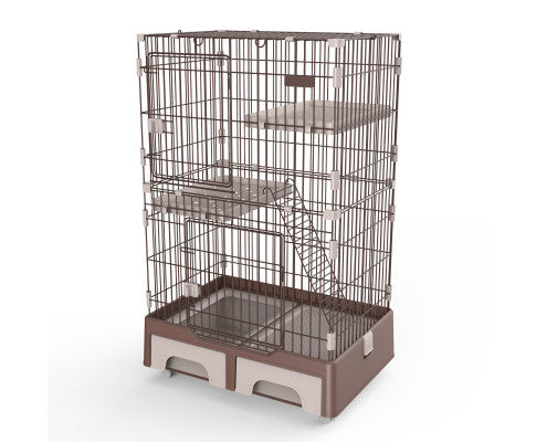 134cm 3 Level Pet Cage House With Litter Tray And Storage Box - Brown