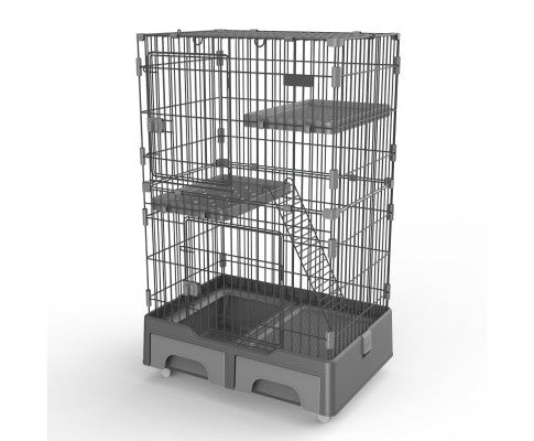 134cm 3 Level Pet Cage House With Litter Tray And Storage Box - Grey