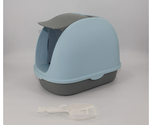 Portable Hooded Cat Litter Box with Handle and Scoop - Blue