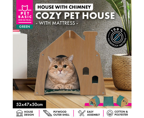 Cozy Cat House with Mattress  - Chimney Cozy Green