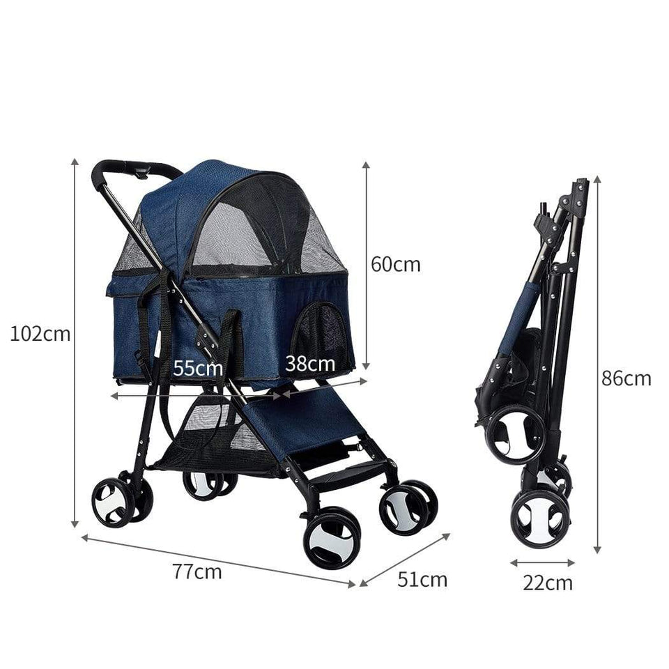 Dog and Cat Foldable Large Stroller - Blue