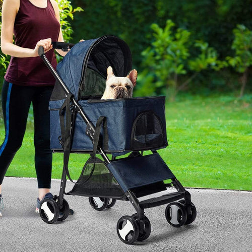 Dog and Cat Foldable Large Stroller - Blue