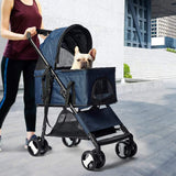 Dog and Cat Foldable Large Stroller - Blue