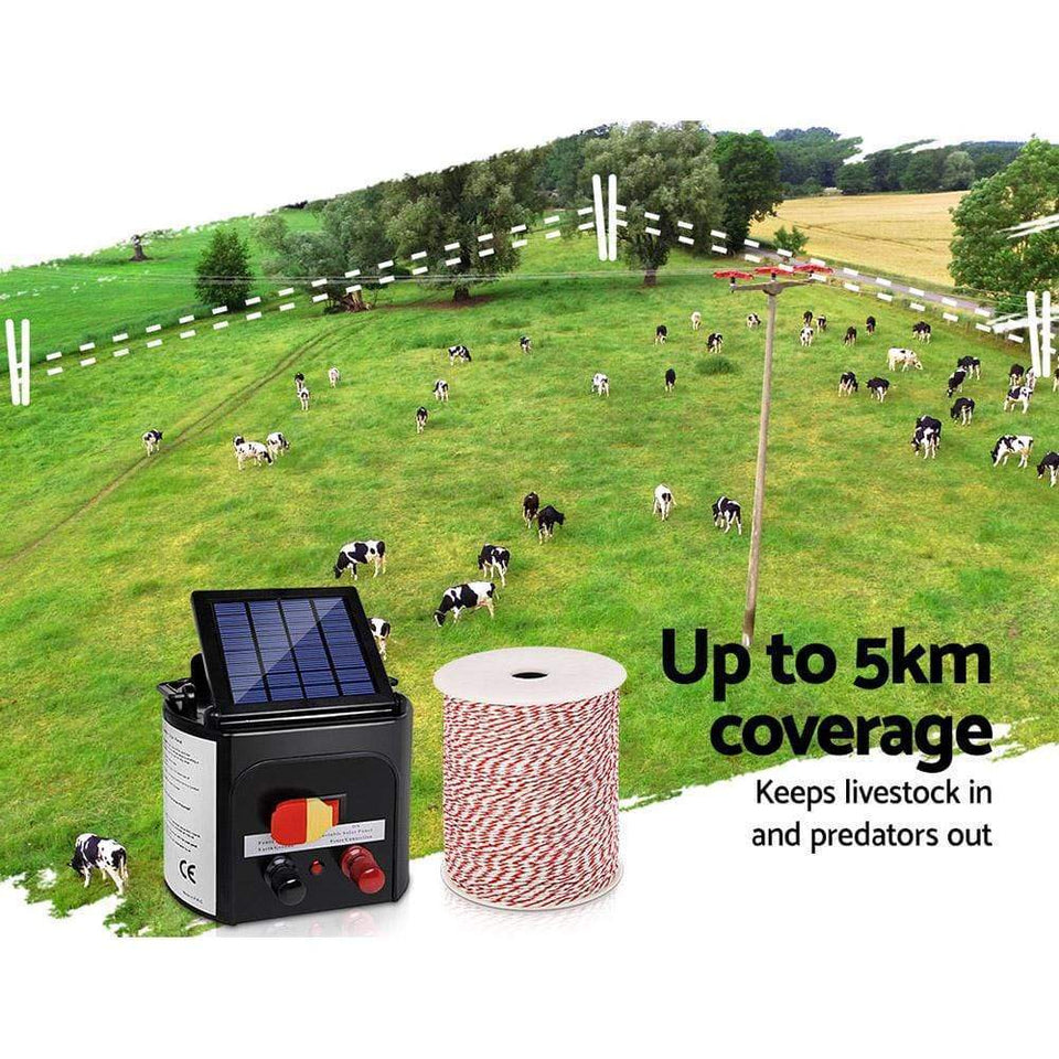 Pet Care Giantz 5km Solar Electric Fence Energiser Charger with 500M Tape and 25pcs Insulators