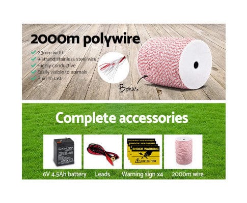 Pet Care Giantz 5KM Solar Electric Fence Energiser Energizer 0.15J + 2000M Poly Fencing Wire Tape