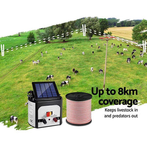 Pet Care Giantz 8km 0.3J Solar Electric Fence Energiser Energizer Charger with 400M Tape