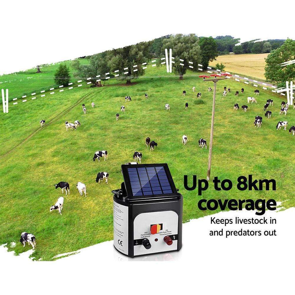 Pet Care Giantz 8km Solar Power Electric Fence Charger Energiser 0.3J White