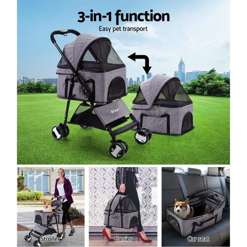 Pet Care Pet Stroller Dog Carrier Foldable Pram 3 IN 1 Middle Size Grey