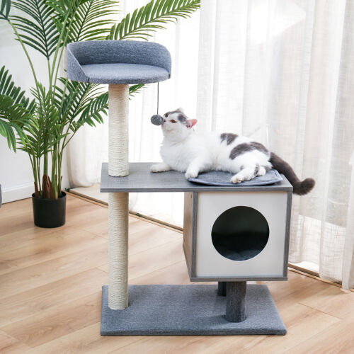 98.5 cm Wooden Cat Scratching Condo Tower - Grey