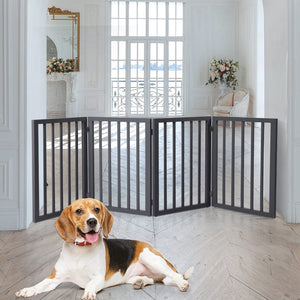 Wooden Pet Gate Dog Fence Retractable Barrier Portable Door 4 Panel Grey